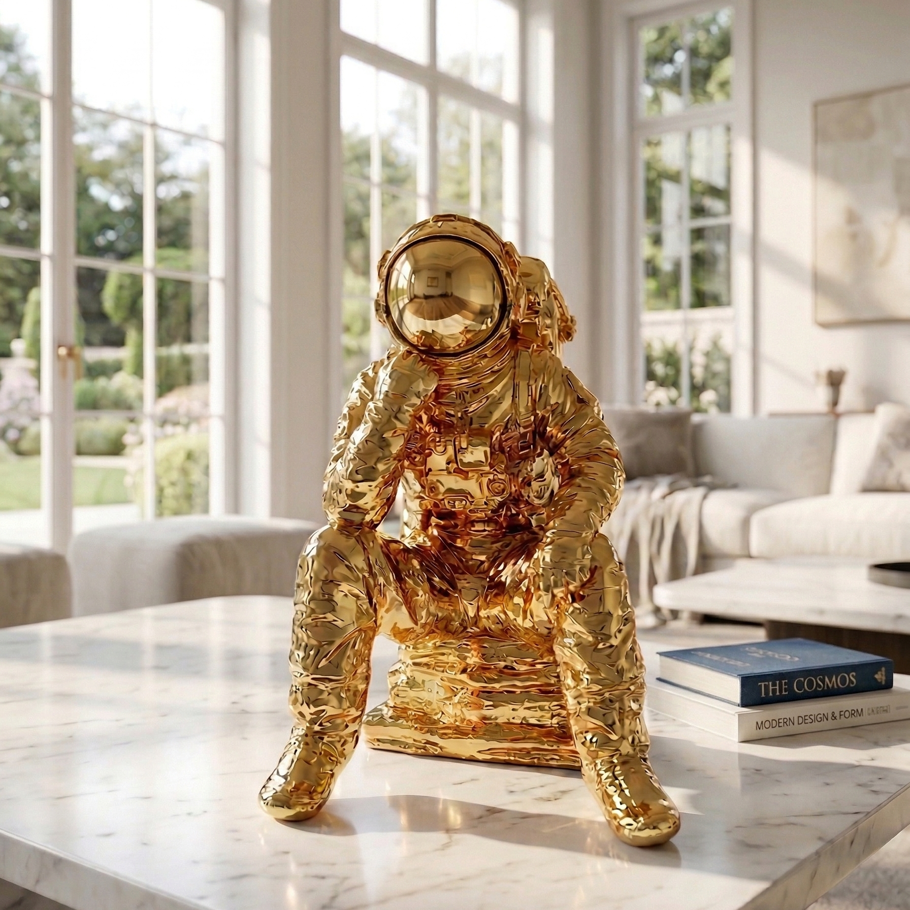 Gold Chrome Seated Astronaut Sculpture