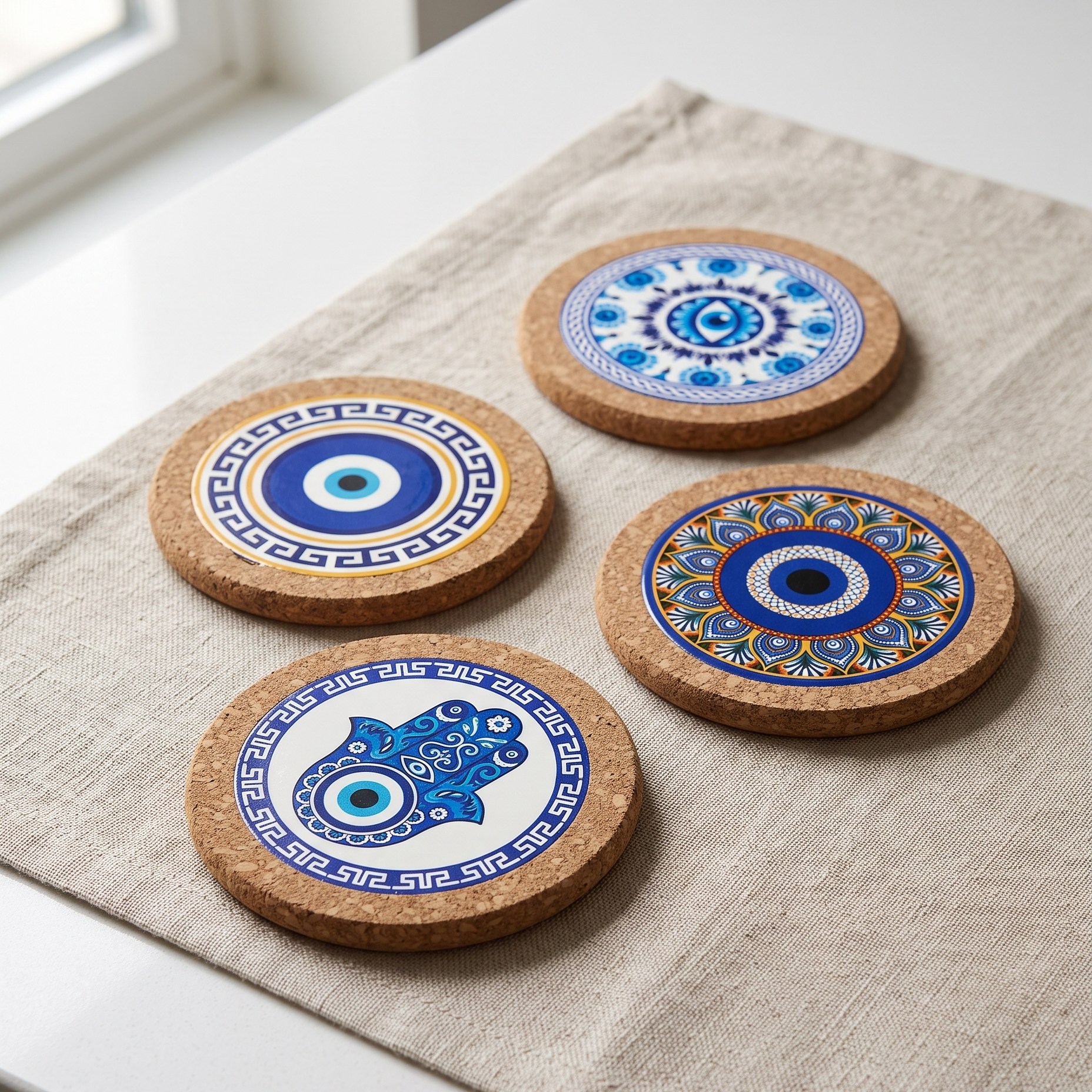 Mediterranean Hamsa Cork Coasters Set