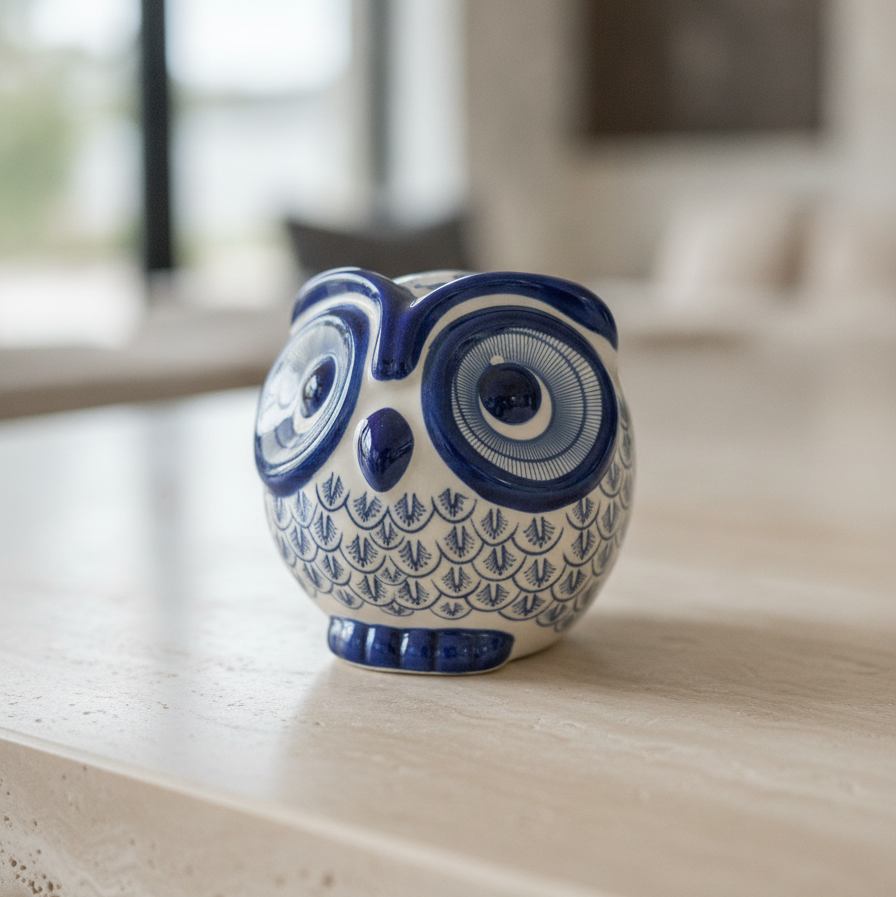 Blue and White Patterned Ceramic Owl