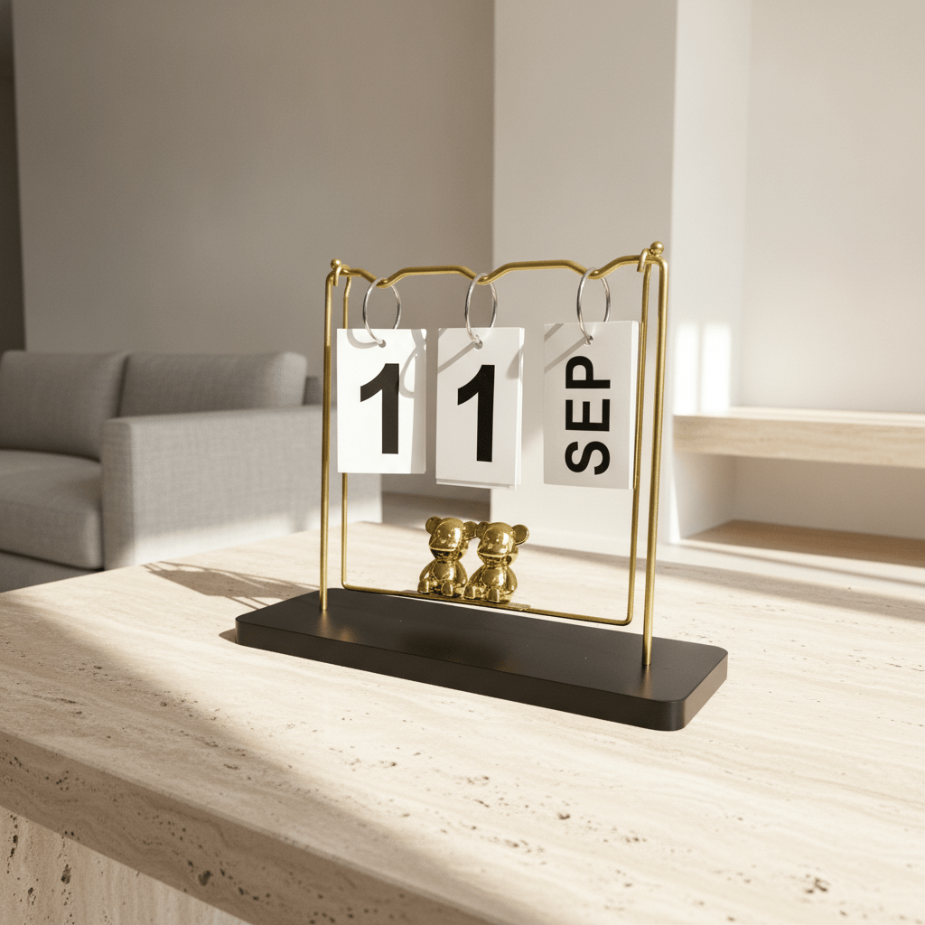 Gold Perpetual Calendar with Bear Figurines - Figi Home