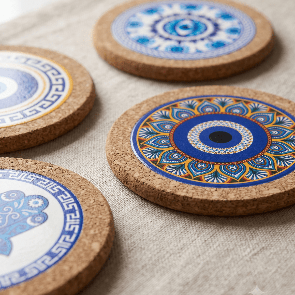 Mediterranean Hamsa Cork Coasters Set - Figi Home