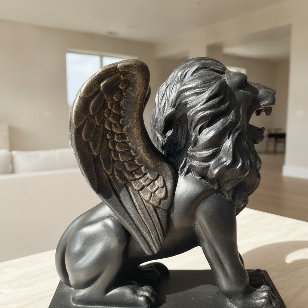 Black Winged Lion Sculpture with Bronze Accents