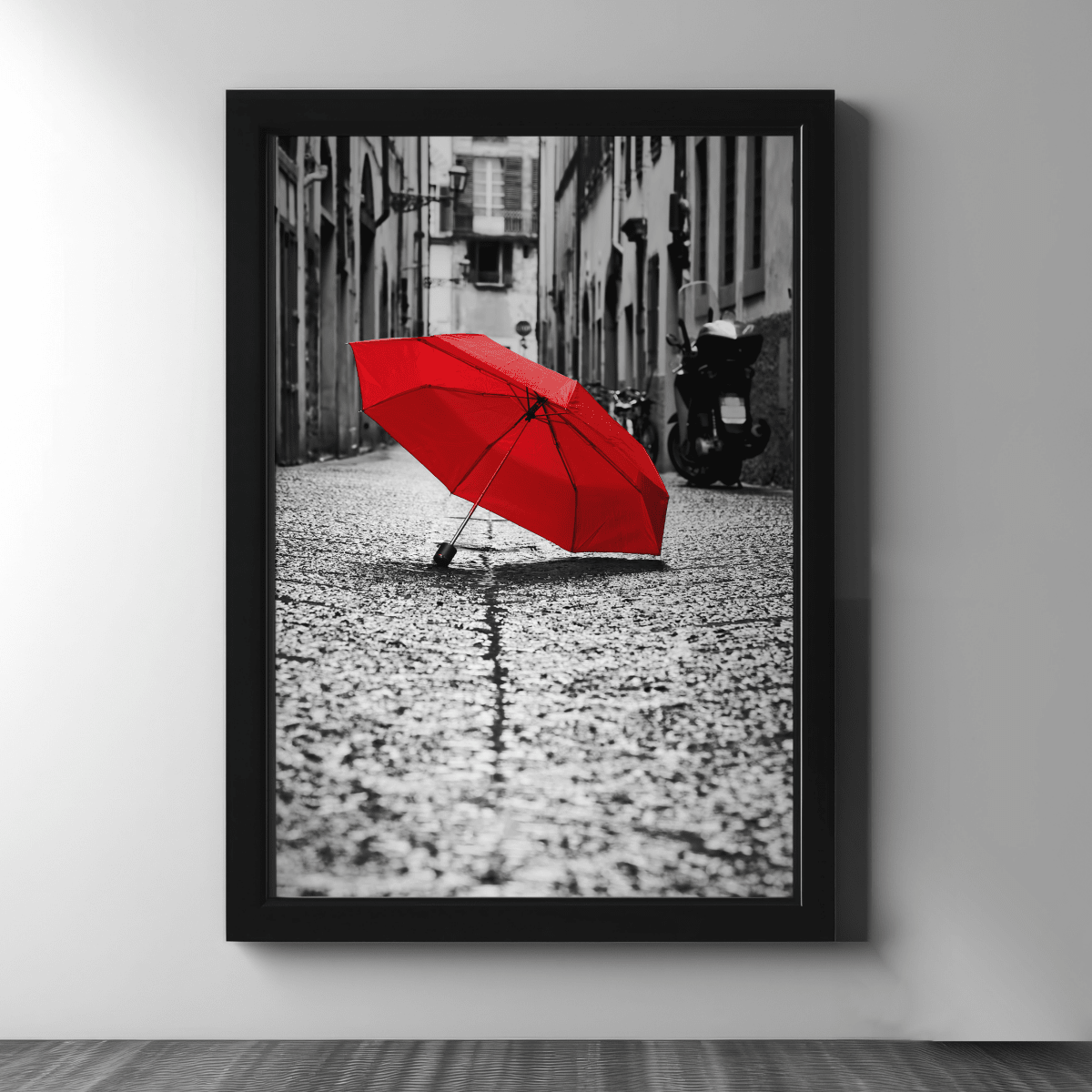 Red Umbrella on a Cobblestone Street - Figi Home