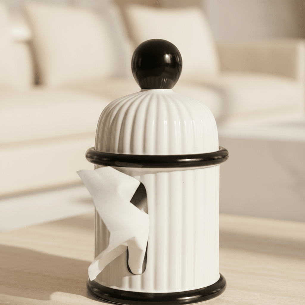 Ribbed White and Black Tissue Box Holder - Figi Home