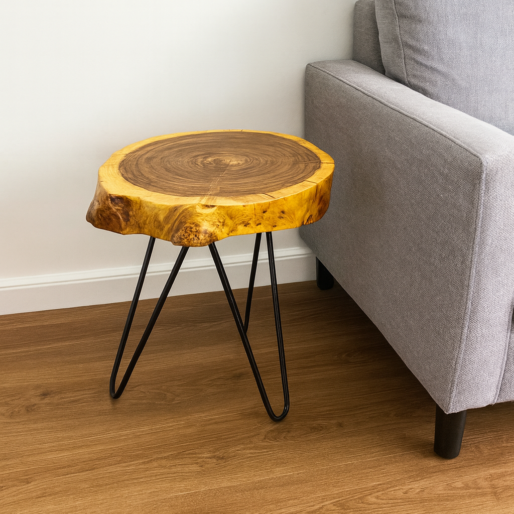 Veyra Timberstand – Rustic Live Edge Wood Side Table with Metal Hairpin Legs
