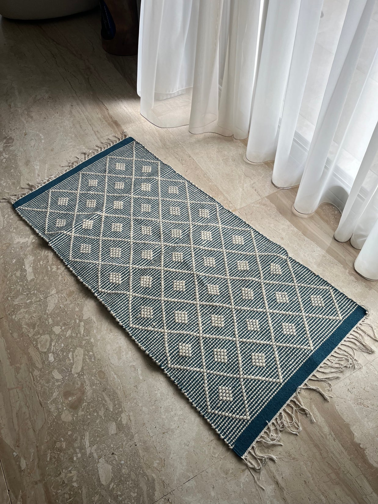Teal diamond patterned kilim