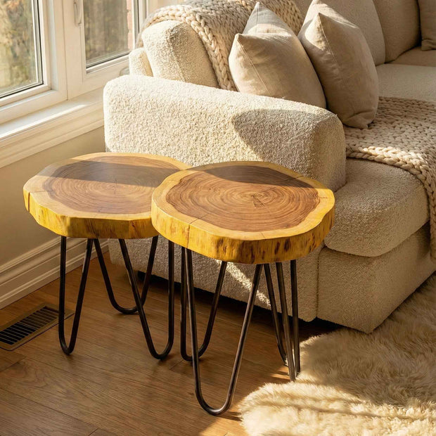 Veyra Timberstand – Rustic Live Edge Wood Side Table with Metal Hairpin Legs