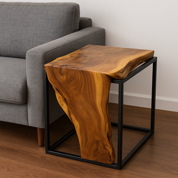 Veyra Flowedge – Modern Live Edge Wooden Side Table with Metal Cube Frame
