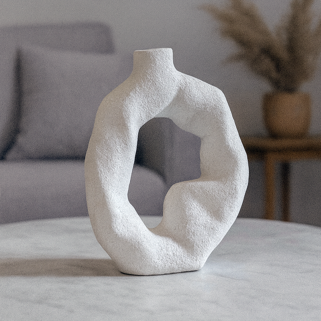 Abstract white vase on a marble table with a gray sofa and plant in the background