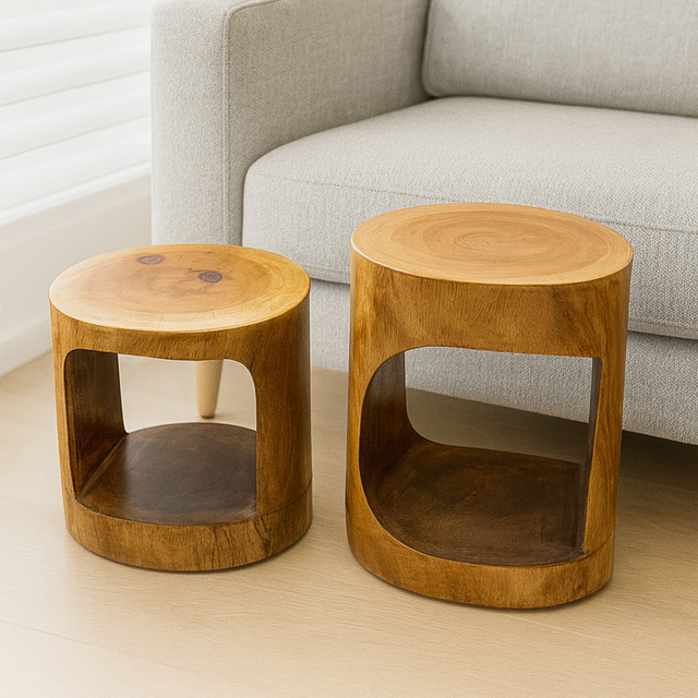 Veyra Nestwood –  Round Wooden Side Tables with Open Storage Base