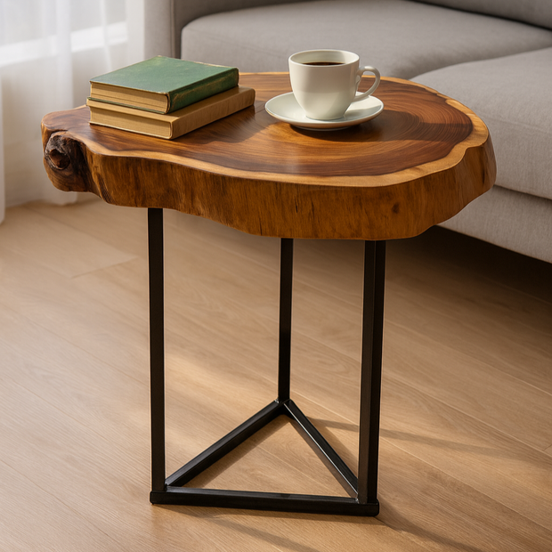Veyra Sidewood – Natural Live Edge Wooden Side Table with Metal Legs