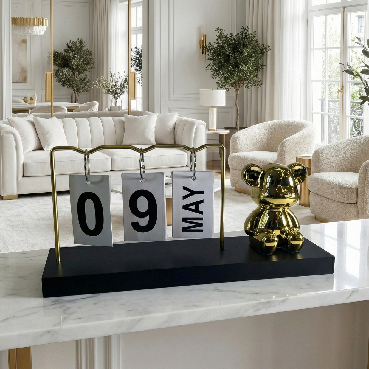 Modern Desk Calendar with Gold Bear Figurine