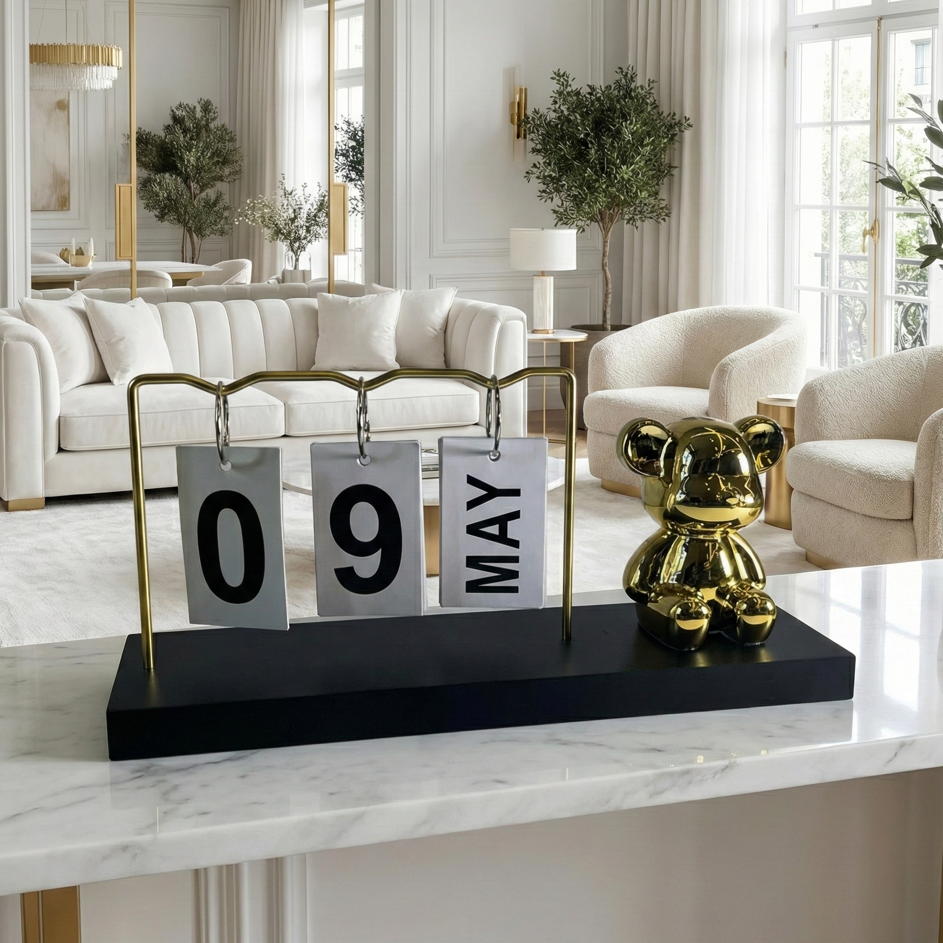 Modern Desk Calendar with Gold Bear Figurine