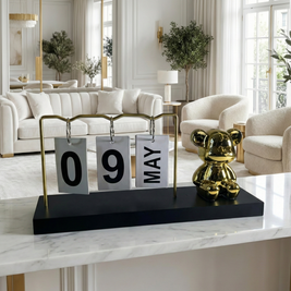 Modern Desk Calendar with Gold Bear Figurine