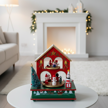 Wooden Christmas House Music Box