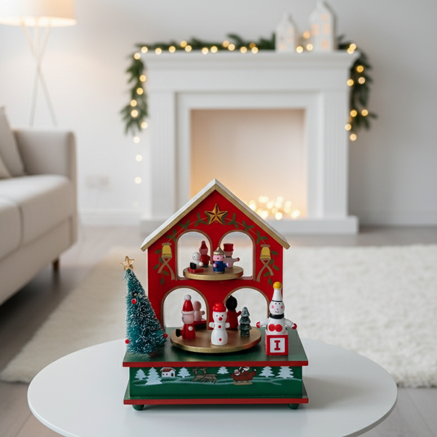 Wooden Christmas House Music Box