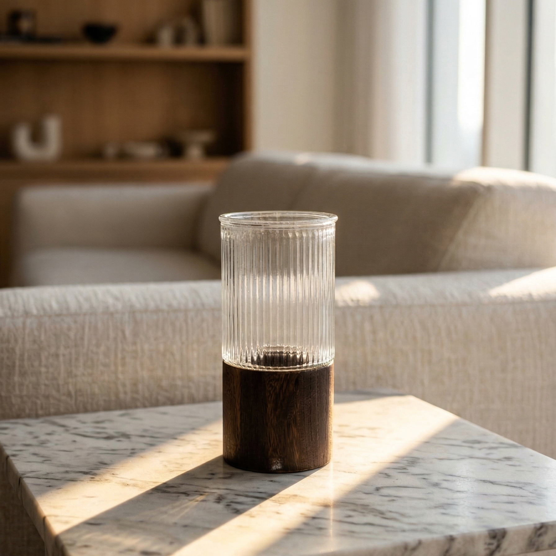 Ribbed Glass Wood Base Vase