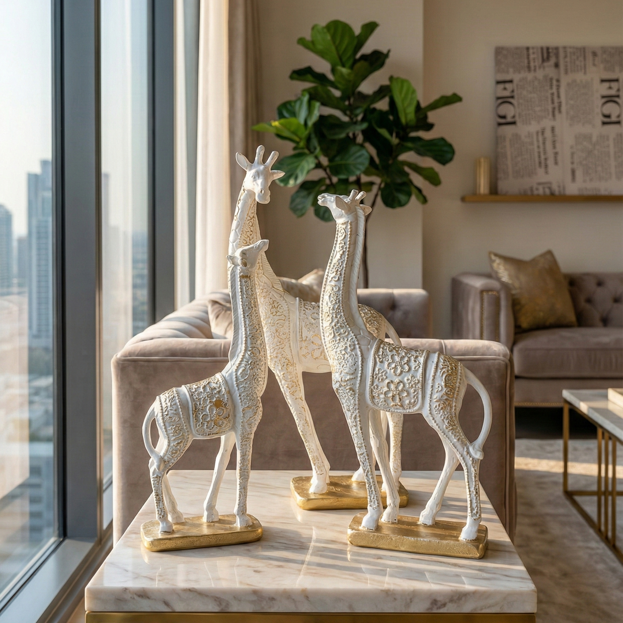 Gold & White Giraffe Figurine Set - Figi Home