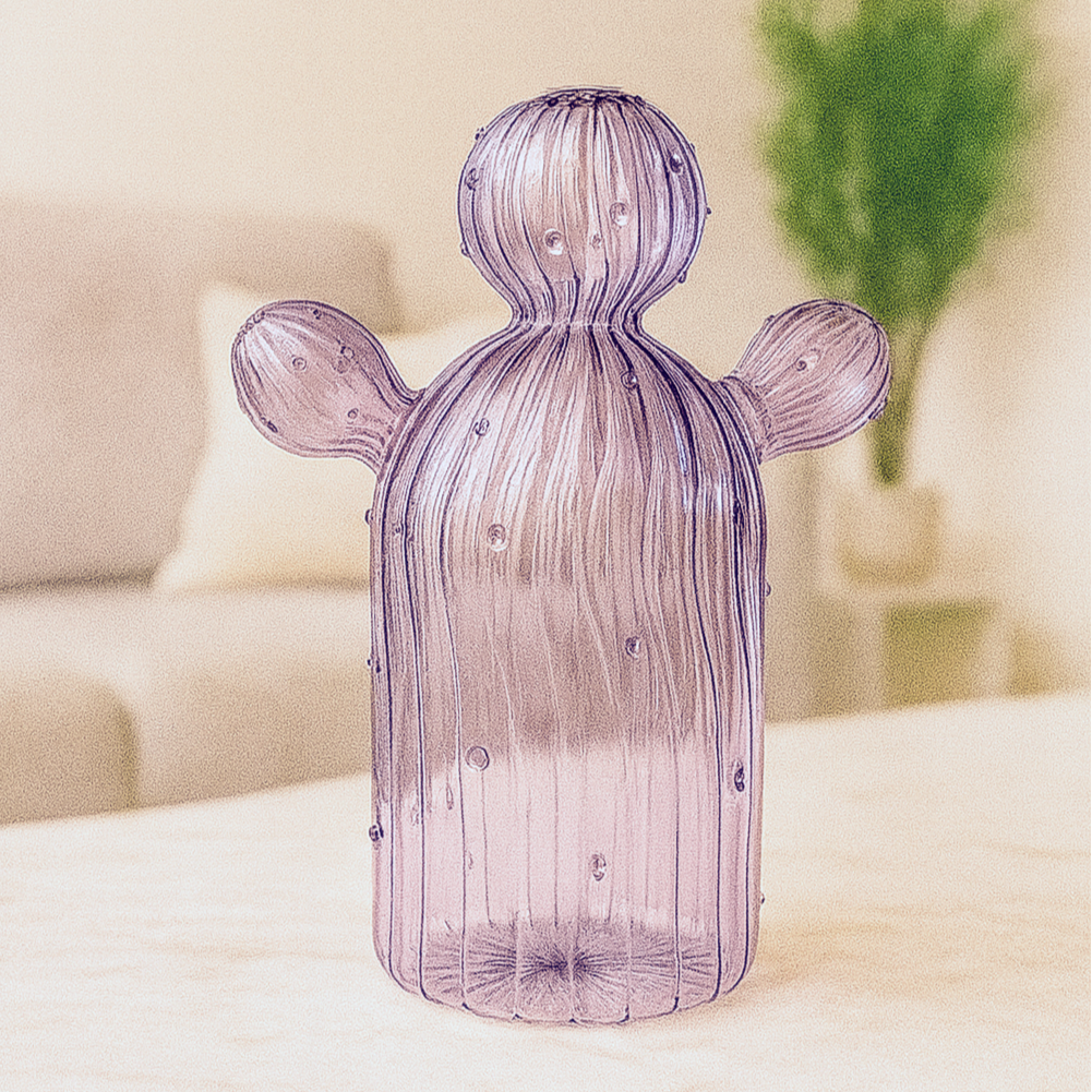 Purple glass cactus-shaped lamp on a table with a blurred background