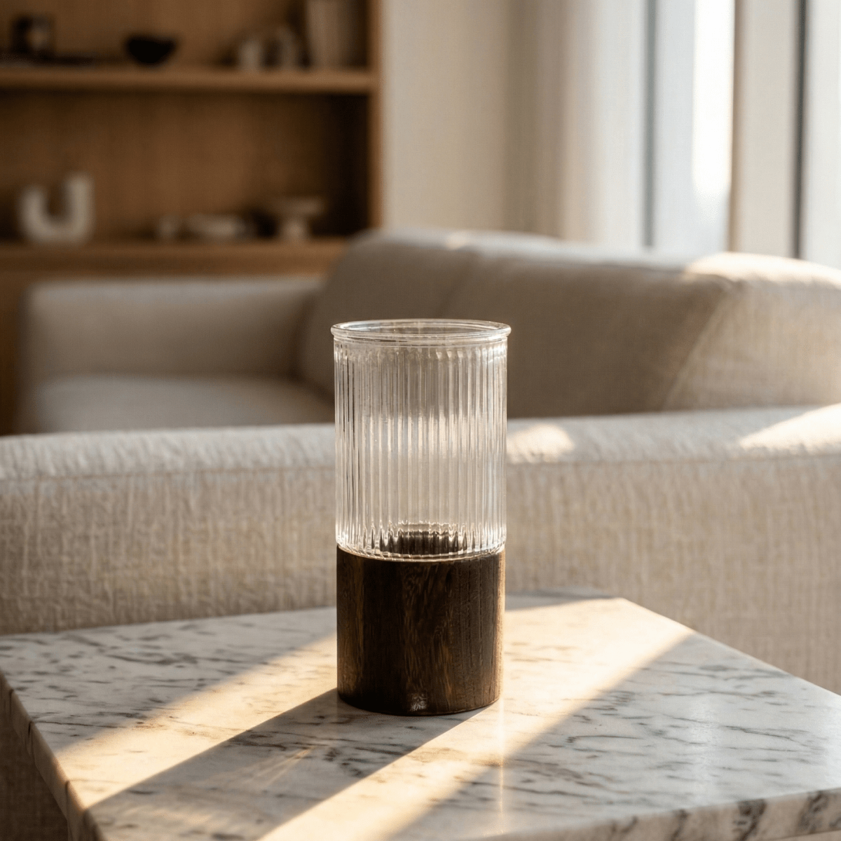 Ribbed Glass Wood Base Vase - Figi Home
