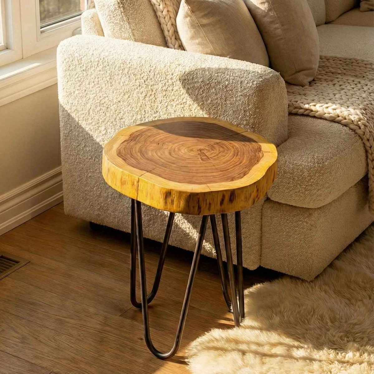 Veyra Timberstand – Rustic Live Edge Wood Side Table with Metal Hairpin Legs - Figi Home