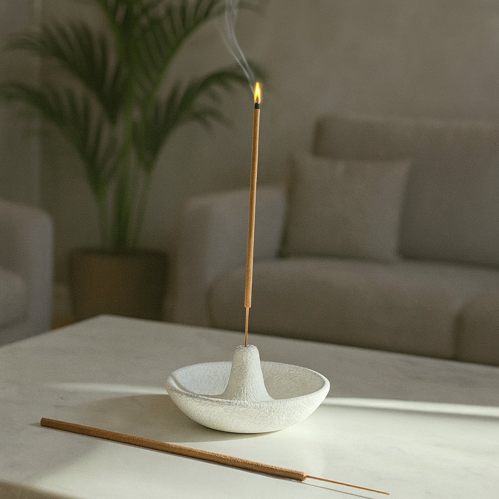 Incense stick burning in a white ceramic holder on a table with a blurred indoor background